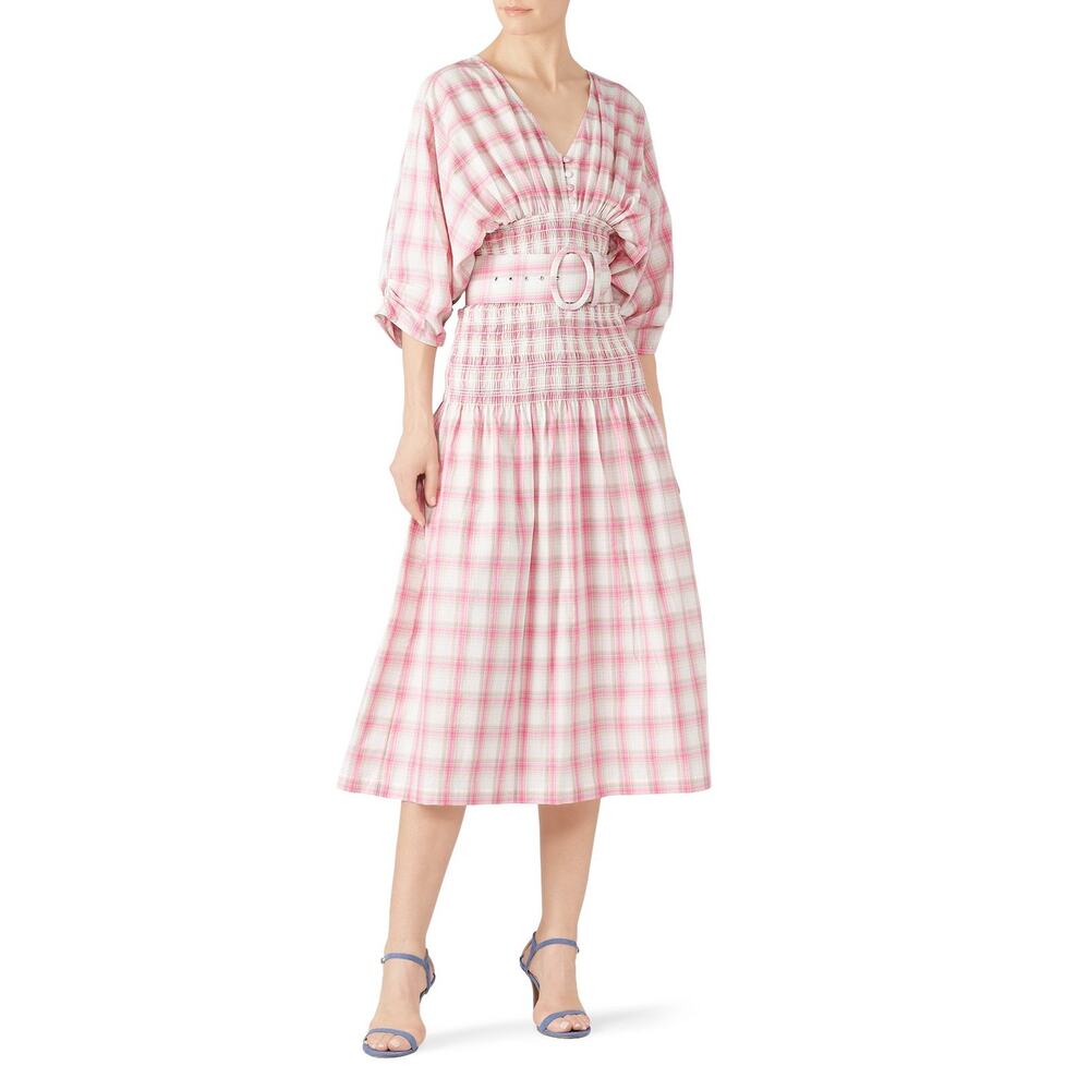 NICHOLAS Pink White Gingham Woven V-Neck Smoked Panel Dress Size US 18 - Picture 2 of 16